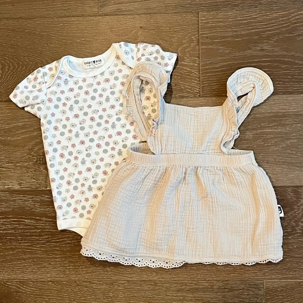 Baby Girl Outfit Dress Set Beige Floral Bodysuit Size 12 Months